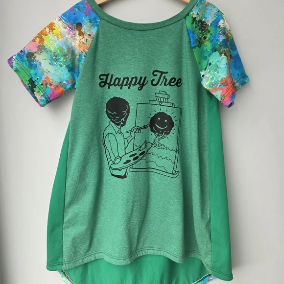 Bob Ross Happy Tree Graphic Tee Tie Dye Sleeve Top - Picture 2 of 9